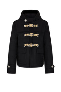 Manteau court en laine à capuche - Black