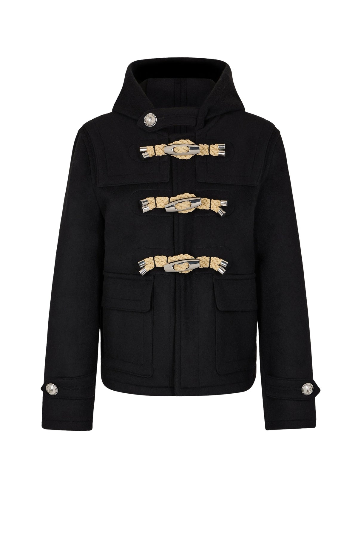 Manteau court en laine à capuche - Black