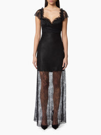 LONGUE ROBE À MANCHES COURTES À VOLANTS EN DENTELLE - Noir