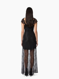 LONGUE ROBE À MANCHES COURTES À VOLANTS EN DENTELLE - Noir