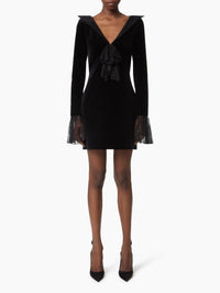 MINI-ROBE À COL EN V AVEC DÉTAILS EN NŒUD ET POIGNETS EN CLOCHE EN VELOURS ET DENTELLE - Noir