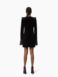 MINI-ROBE À COL EN V AVEC DÉTAILS EN NŒUD ET POIGNETS EN CLOCHE EN VELOURS ET DENTELLE - Noir