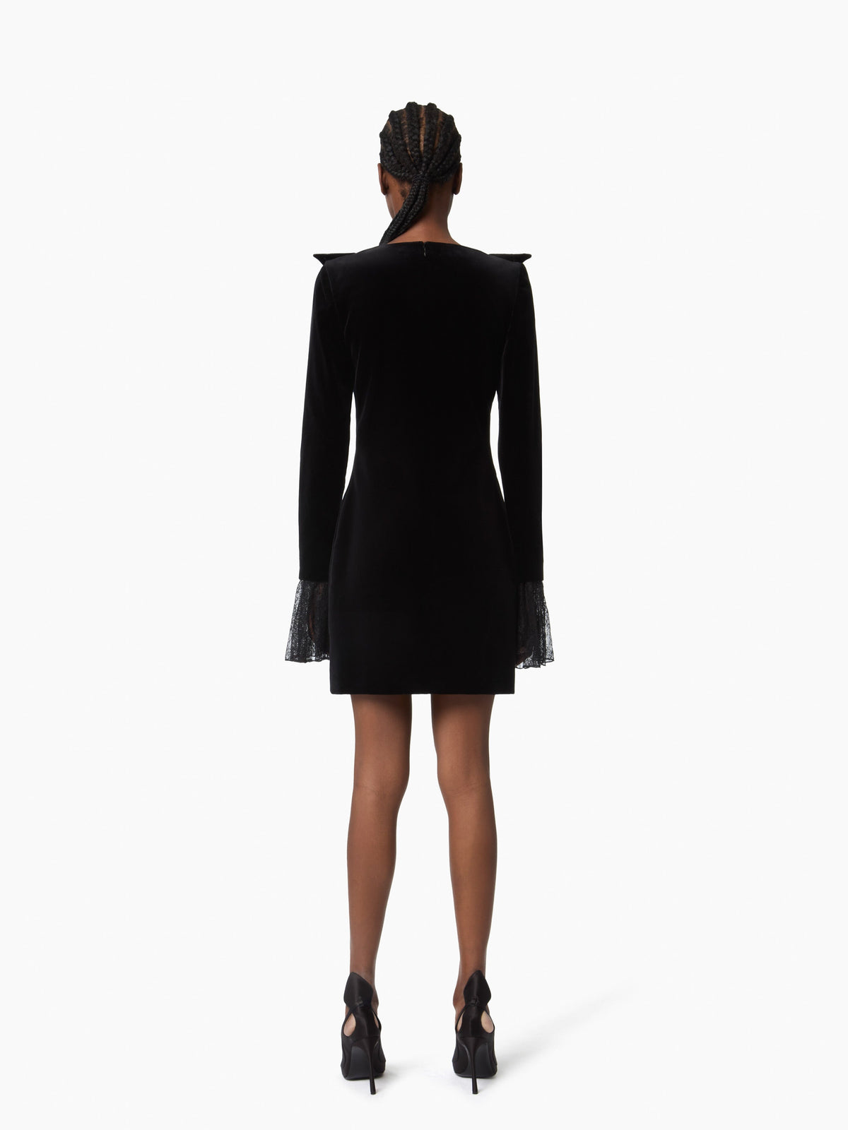 MINI-ROBE À COL EN V AVEC DÉTAILS EN NŒUD ET POIGNETS EN CLOCHE EN VELOURS ET DENTELLE - Noir