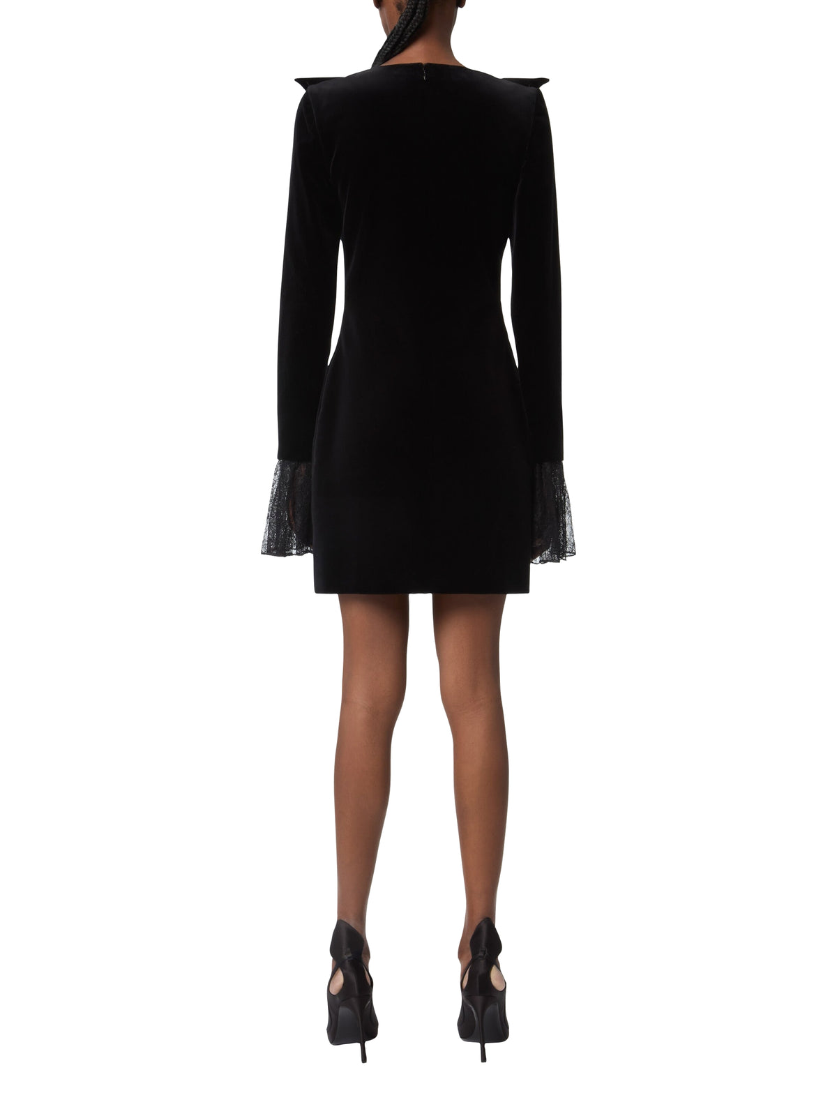 Short velvet and lace V-neck dress with bow - Black