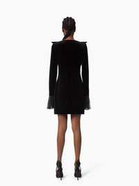 MINI-ROBE À COL EN V AVEC DÉTAILS EN NŒUD ET POIGNETS EN CLOCHE EN VELOURS ET DENTELLE