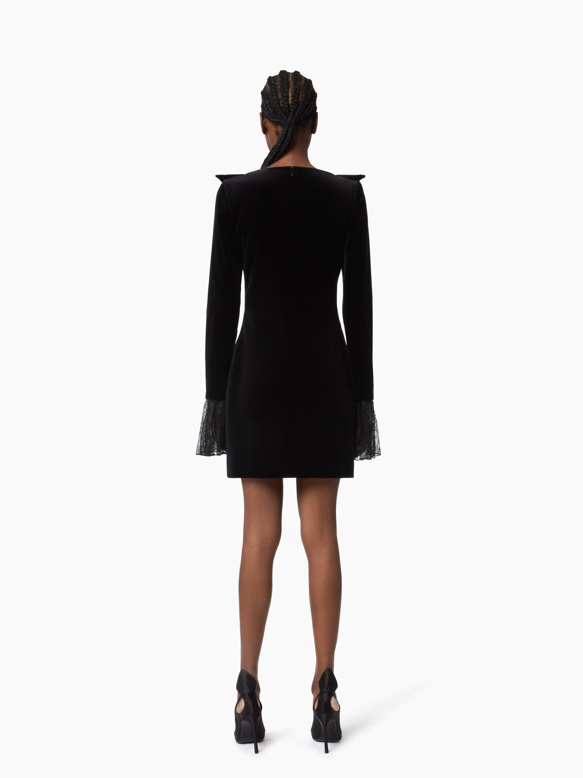 MINI-ROBE À COL EN V AVEC DÉTAILS EN NŒUD ET POIGNETS EN CLOCHE EN VELOURS ET DENTELLE