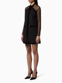 MINI-ROBE À MANCHES TRANSPARENTES ET NŒUD EN VELOURS EN GABARDINE