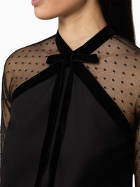 MINI-ROBE À MANCHES TRANSPARENTES ET NŒUD EN VELOURS EN GABARDINE - Noir