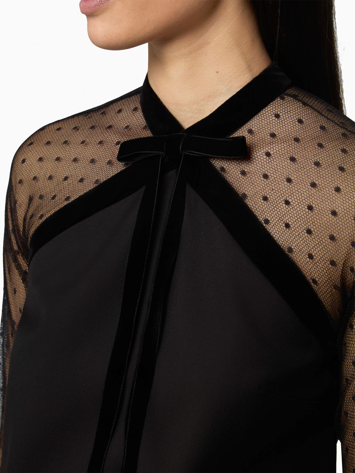 MINI-ROBE À MANCHES TRANSPARENTES ET NŒUD EN VELOURS EN GABARDINE