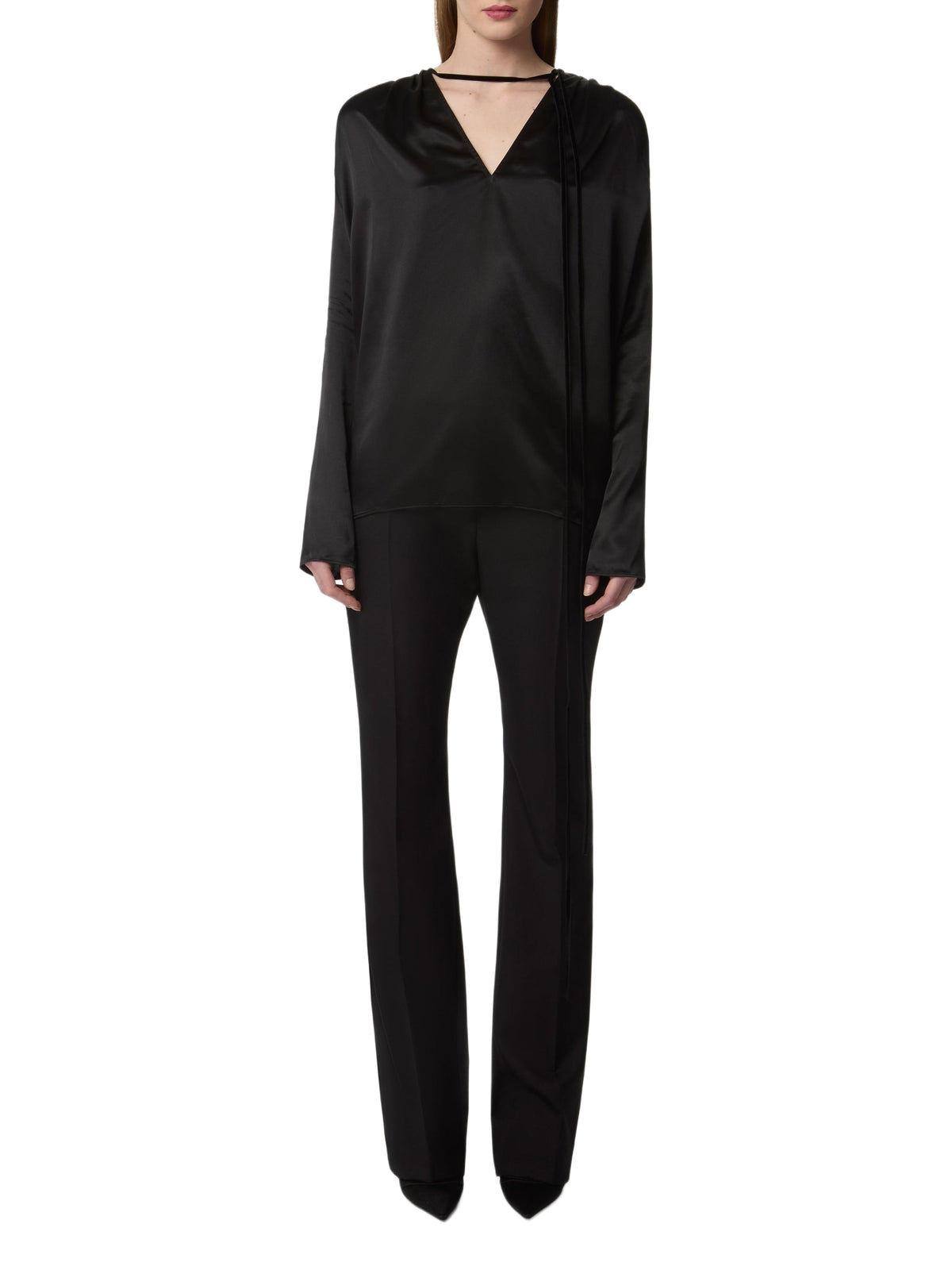 Blouse col V à nœud en satin - Noir