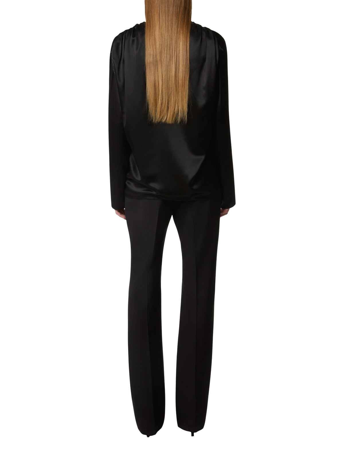 Blouse col V à nœud en satin - Noir