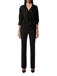 Blouse manches longues col V en satin - Noir