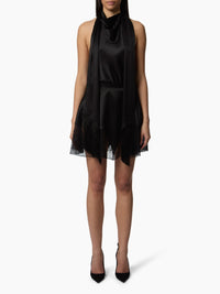 HAUT À COL HALTER AVEC ÉCHARPE EN SATIN - Noir