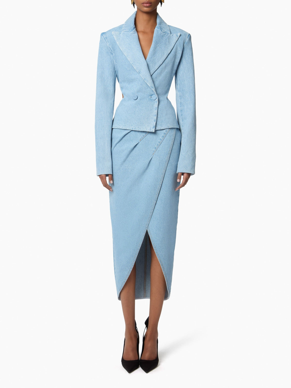 JUPE MIDI FENDUE AVEC DÉTAILS DE DRAPÉ EN DENIM BLEU - Bleu