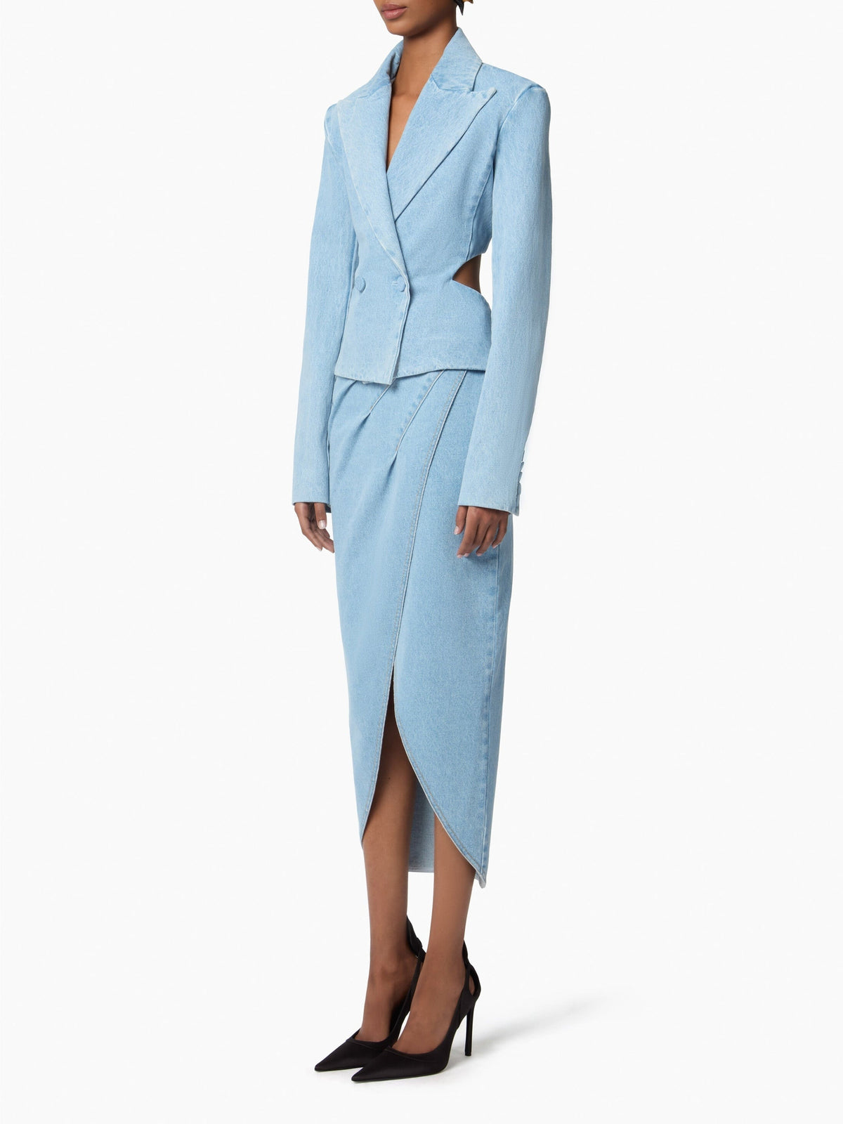 JUPE MIDI FENDUE AVEC DÉTAILS DE DRAPÉ EN DENIM BLEU - Bleu