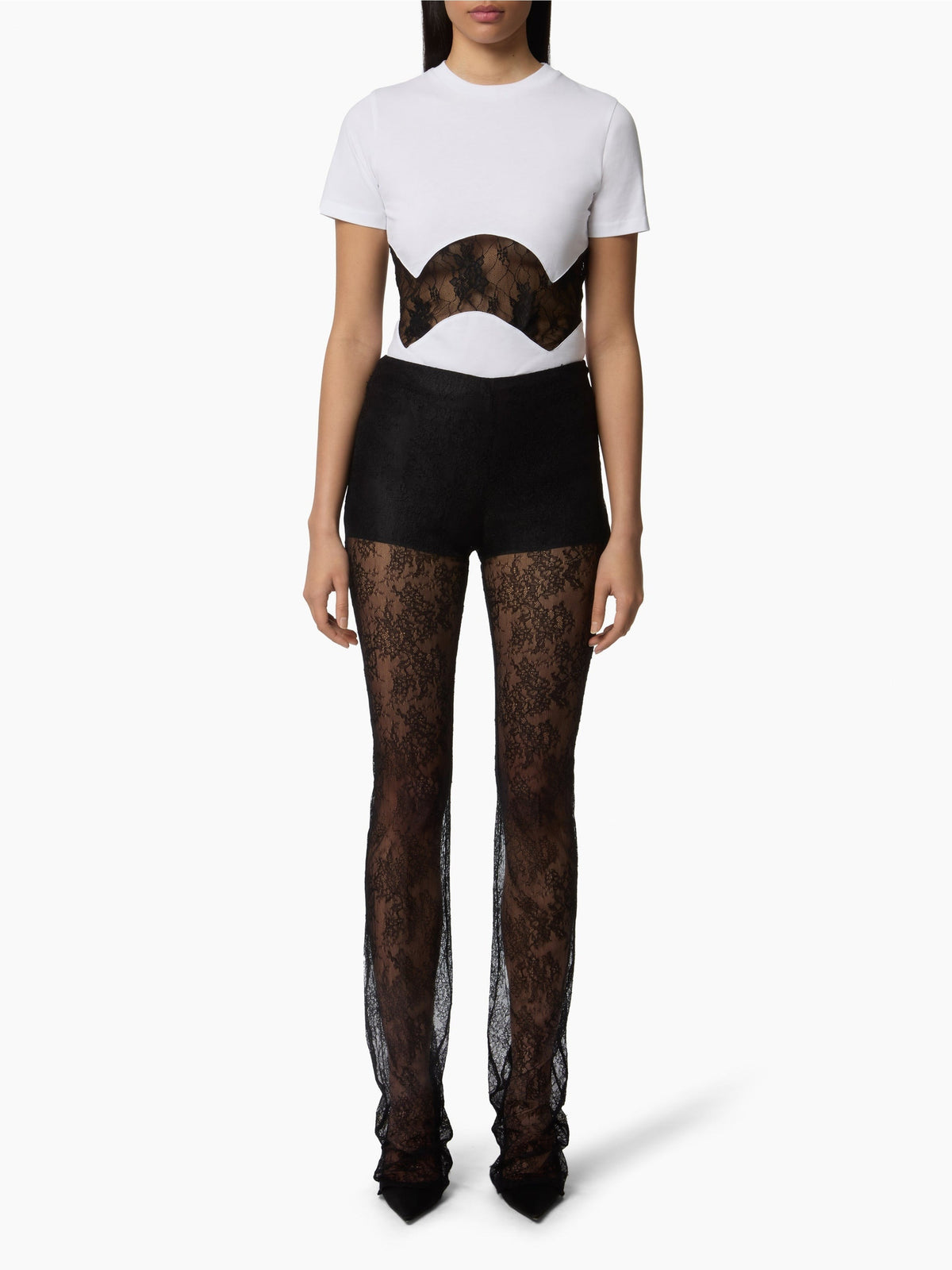 T-SHIRT EN JERSEY AVEC INSERTS EN DENTELLE - Blanc