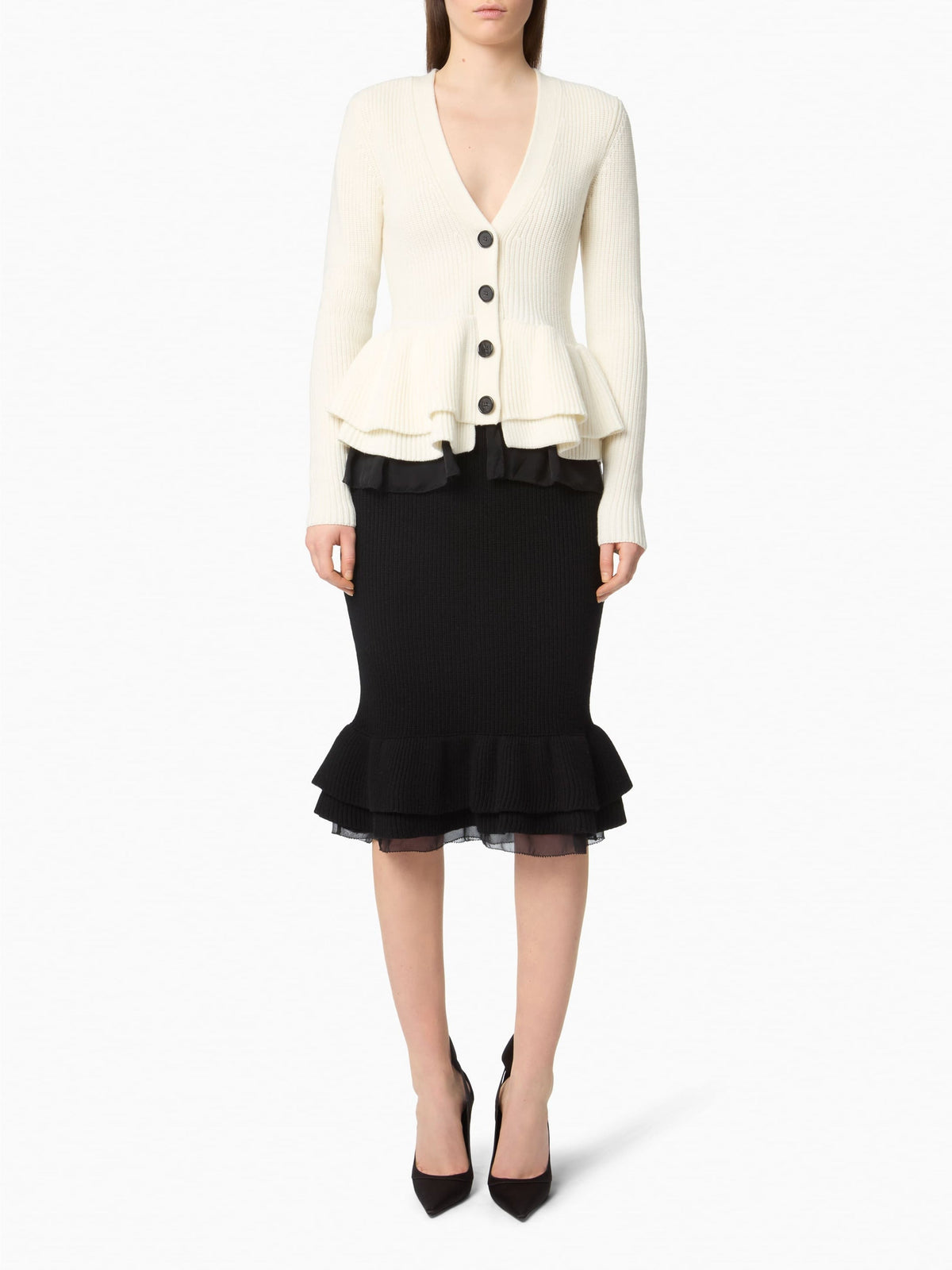 CARDIGAN EN LAINE EN LAINE À VOLANTS À COL EN V - Crème