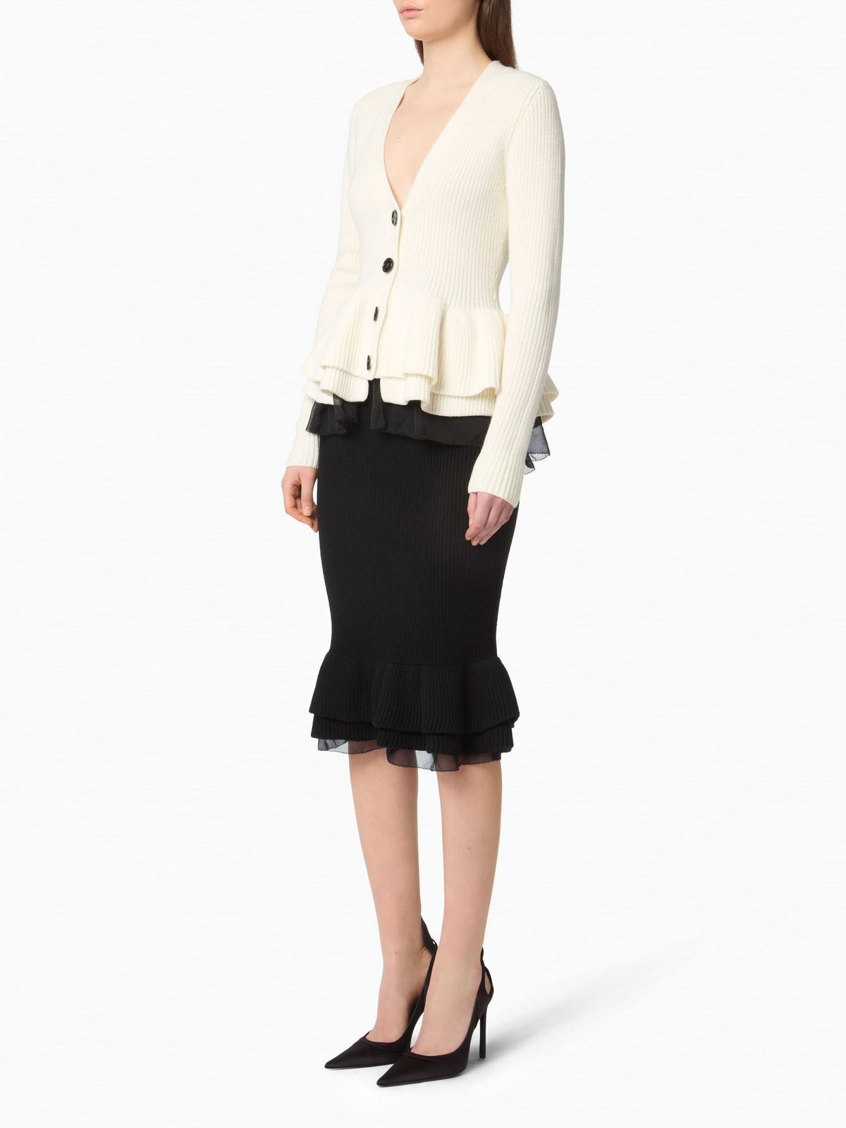 CARDIGAN EN LAINE EN LAINE À VOLANTS À COL EN V