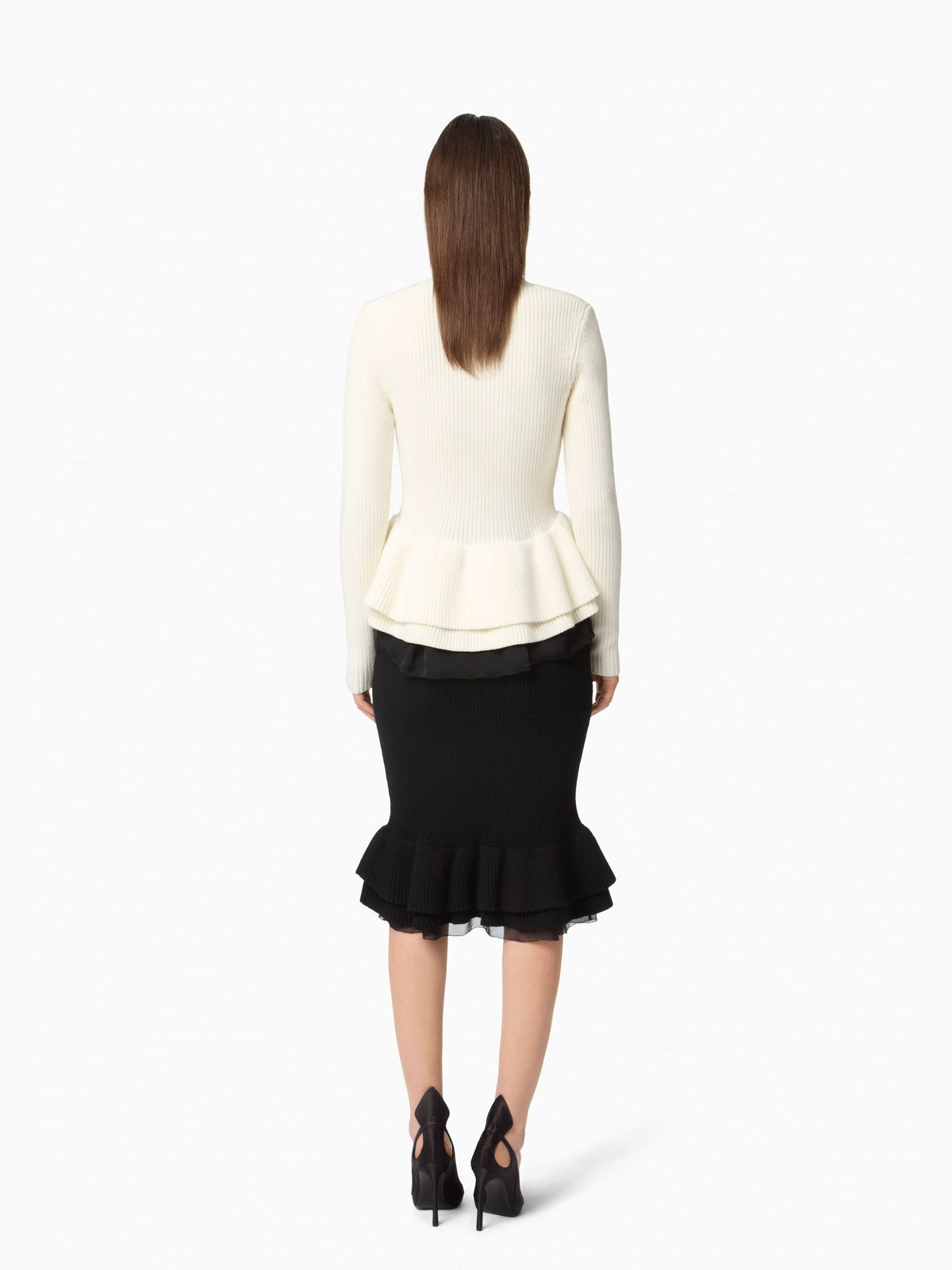 CARDIGAN EN LAINE EN LAINE À VOLANTS À COL EN V - Crème