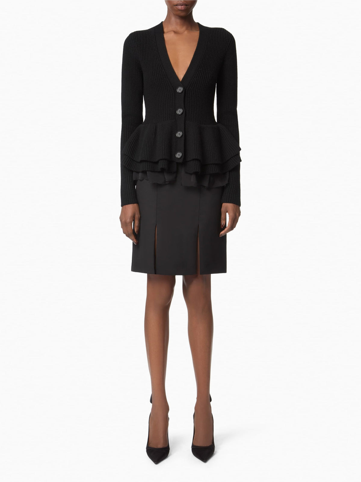 CARDIGAN EN LAINE EN LAINE À VOLANTS À COL EN V - Noir