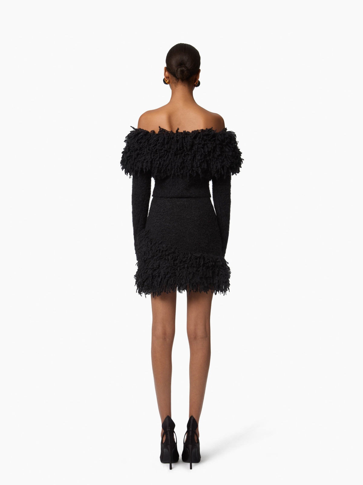 MINI-JUPE EN MAILLE MÉLANGÉE DE MOHAIR BROSSÉ AVEC NŒUDS EN VELOURS - Noir