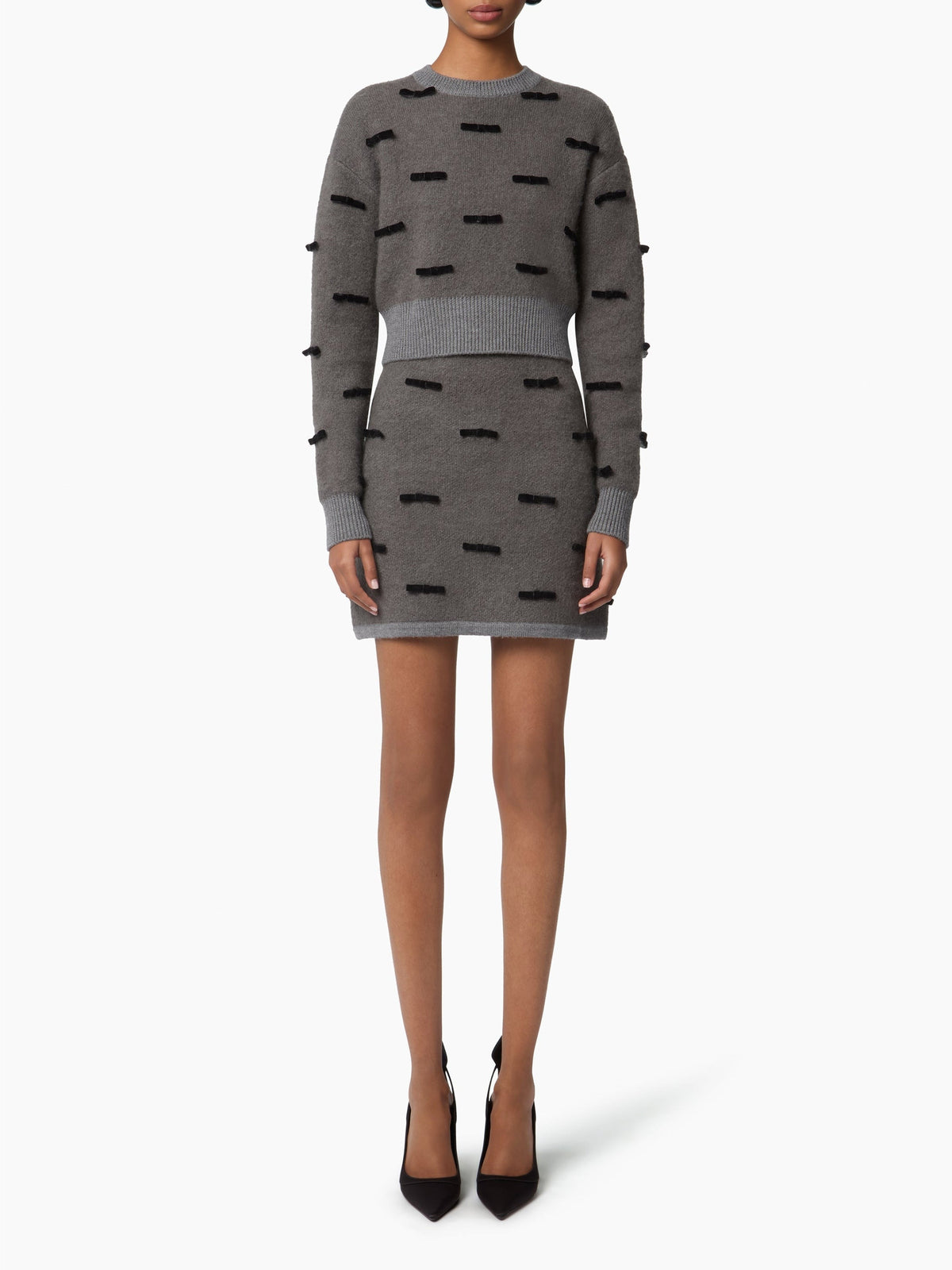 PULL EN MAILLE MÉLANGÉE DE MOHAIR BROSSÉ AVEC NŒUDS EN VELOURS - Gris