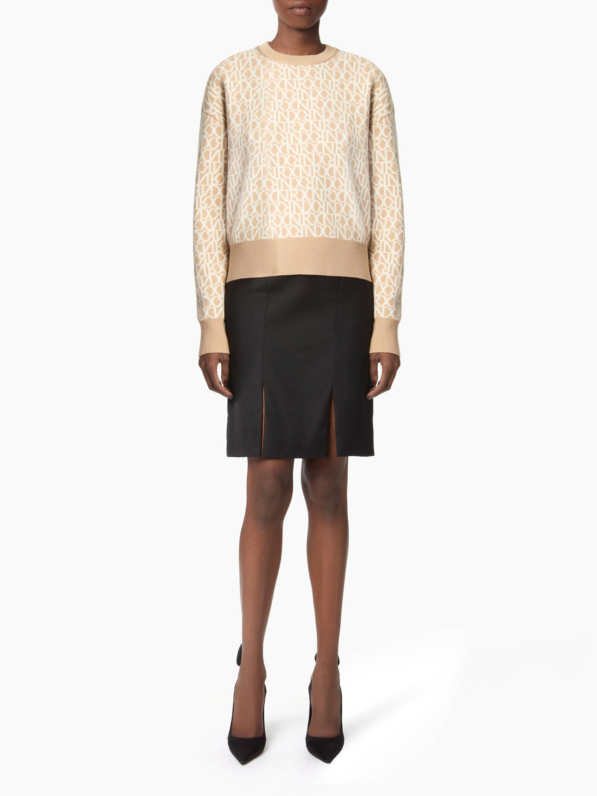 PULL EN MAILLE INTARSIA AVEC LOGO NR IMPRIMÉ SUR TOUTE LA SURFACE - Beige