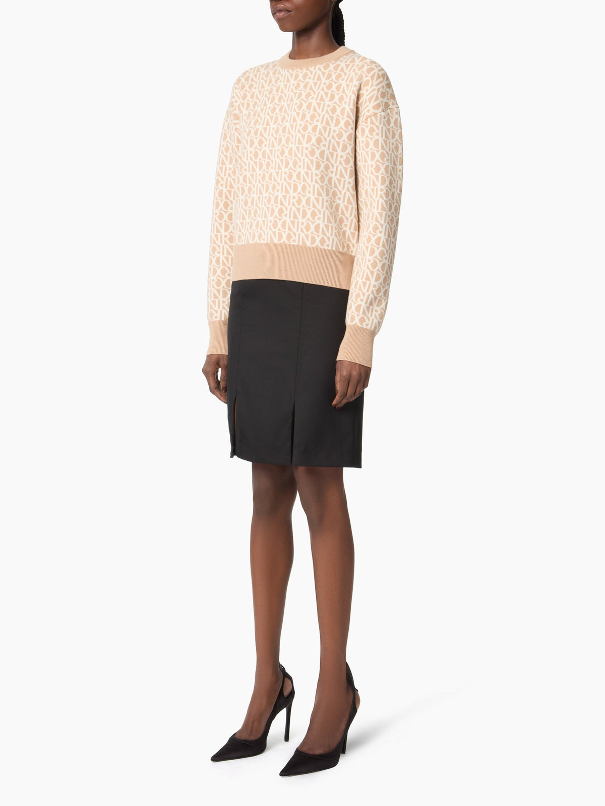 PULL EN MAILLE INTARSIA AVEC LOGO NR IMPRIMÉ SUR TOUTE LA SURFACE - Beige