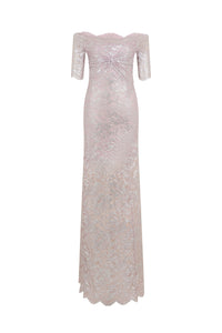 PINK LONG DRESS IN LACE WITH SILVER INDUCTION