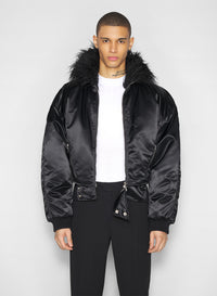 Blouson aviateur à col en fausse fourrure - Black