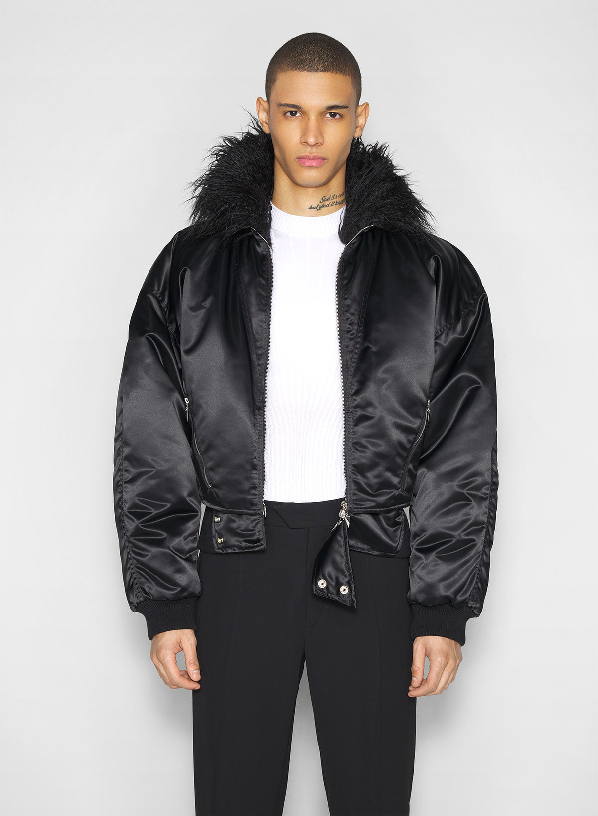 Blouson aviateur à col en fausse fourrure - Black