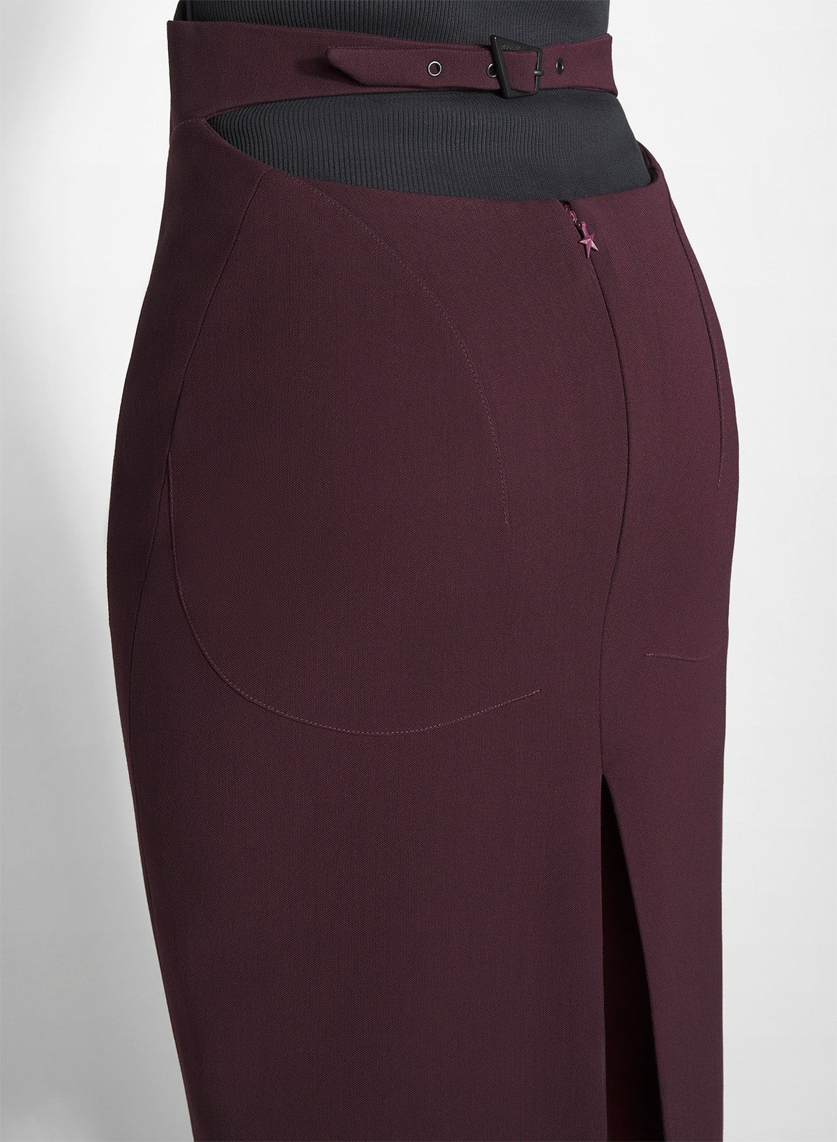 DARK PLUM // burgundy buckled tailored skirt
