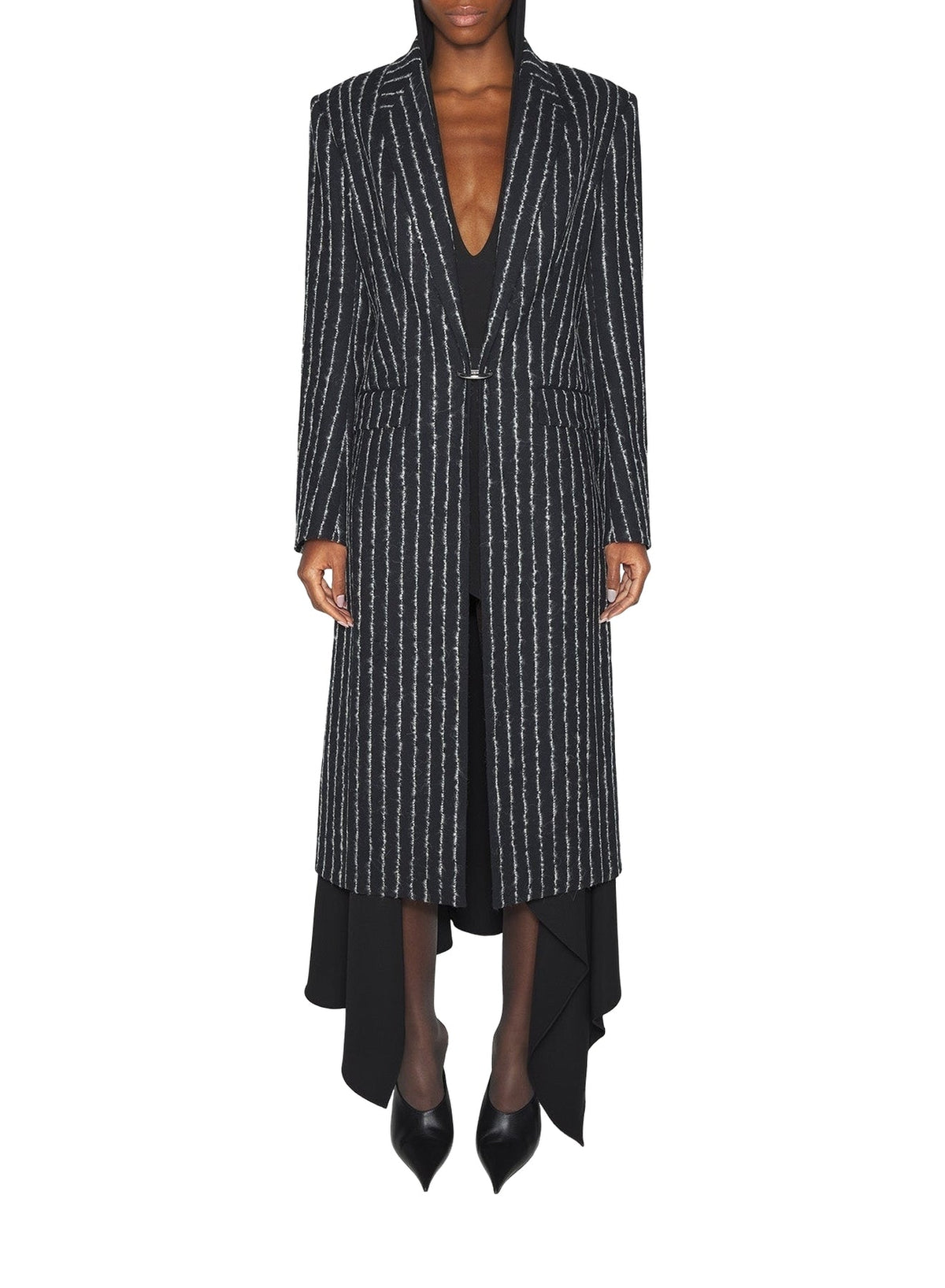 BLACK / WHITE // pinstripe pierced tailored coat