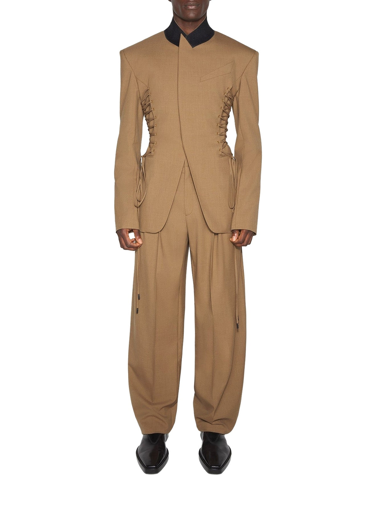 DARK BEIGE // beige pleated wide-leg trousers