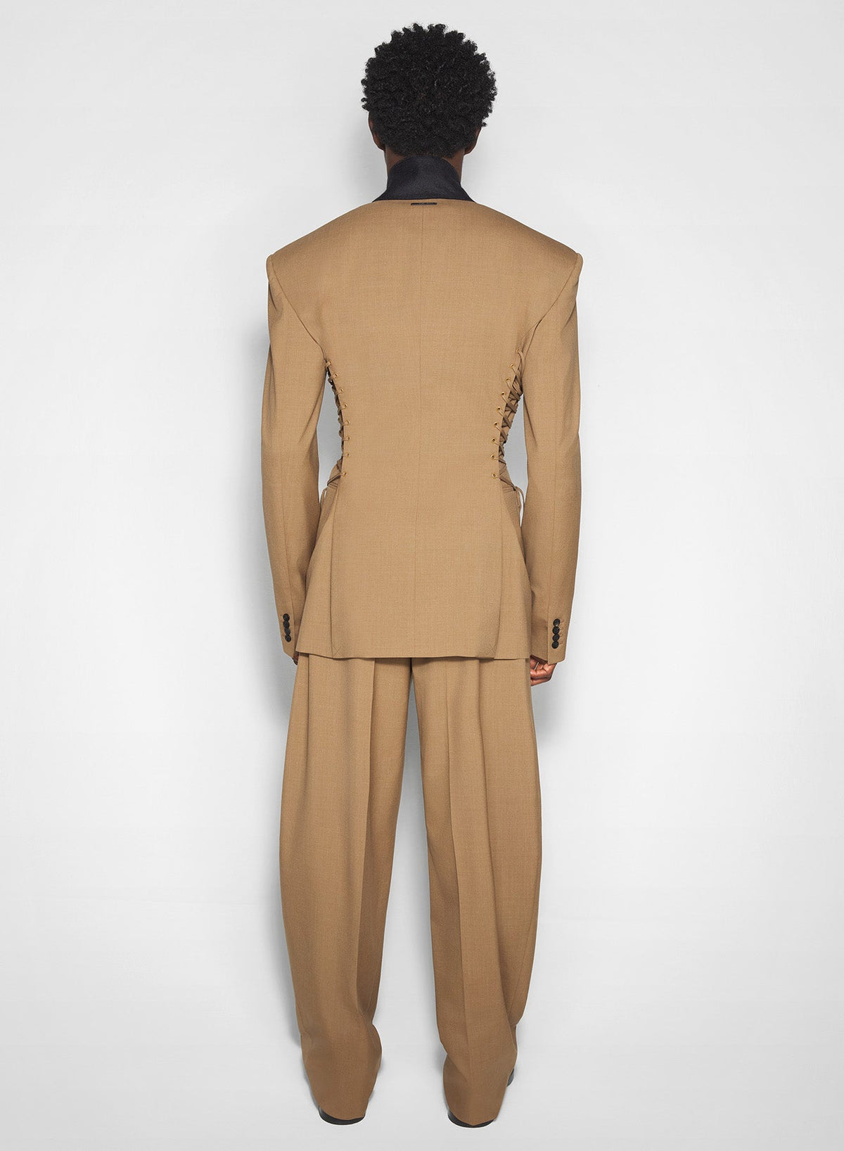 DARK BEIGE // beige pleated wide-leg trousers