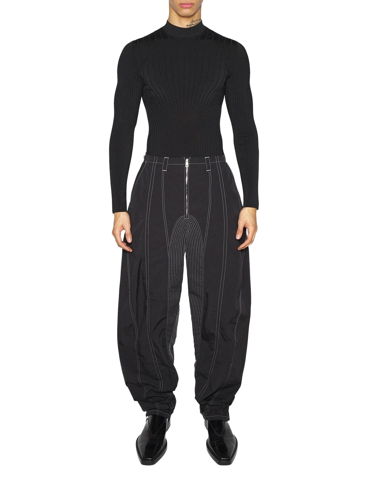 BLACK // black stitched parachute pants