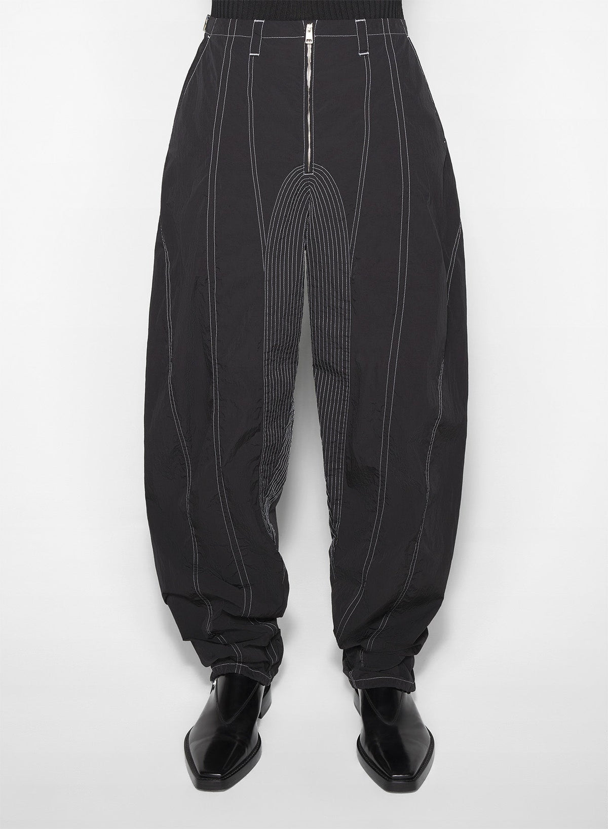BLACK // black stitched parachute pants
