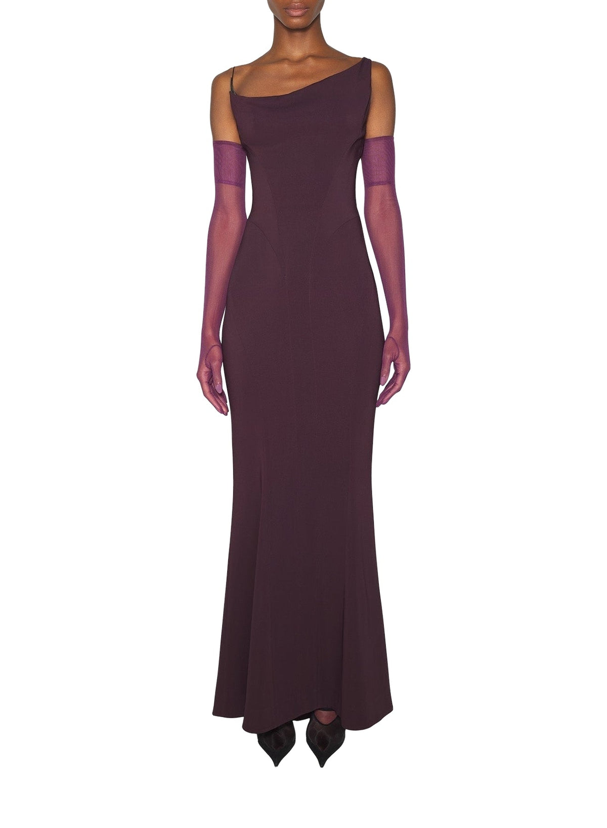 DARK PLUM // burgundy crepe gown with metallic detail