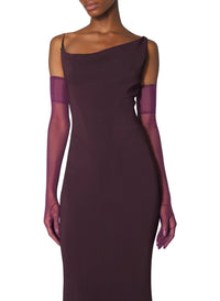 DARK PLUM // burgundy crepe gown with metallic detail