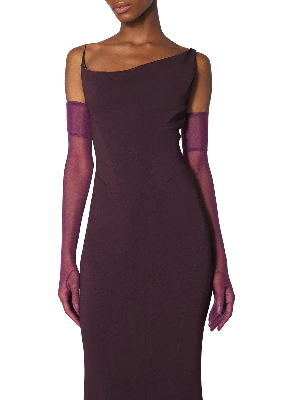 DARK PLUM // burgundy crepe gown with metallic detail