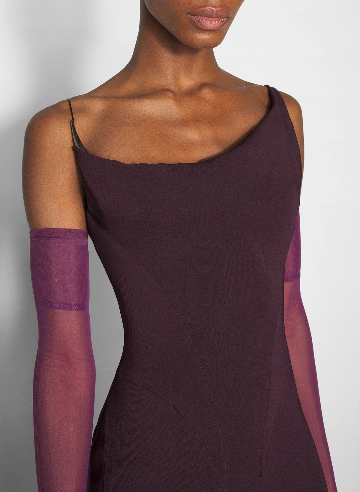 DARK PLUM // burgundy crepe gown with metallic detail
