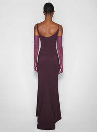 DARK PLUM // burgundy crepe gown with metallic detail