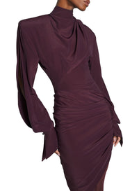 DARK PLUM // burgundy draped scarf dress