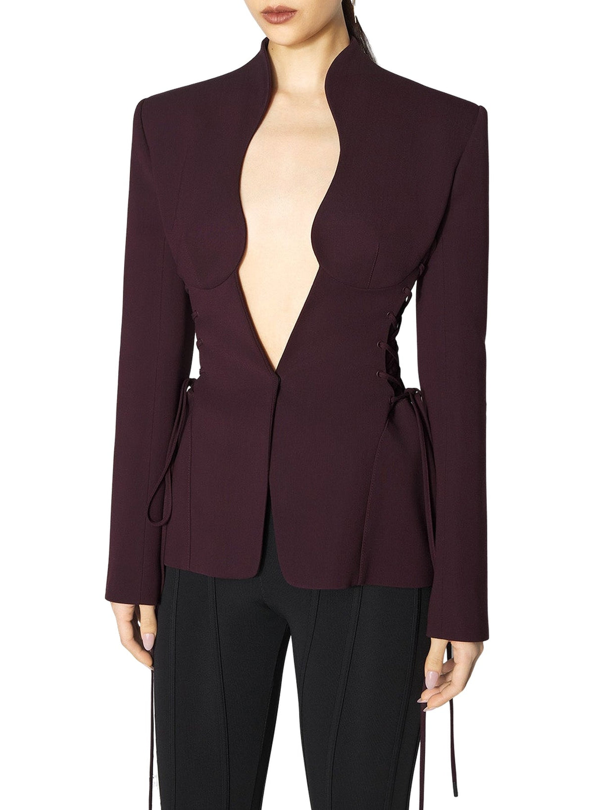 DARK PLUM // burgundy sculptural laced jacket