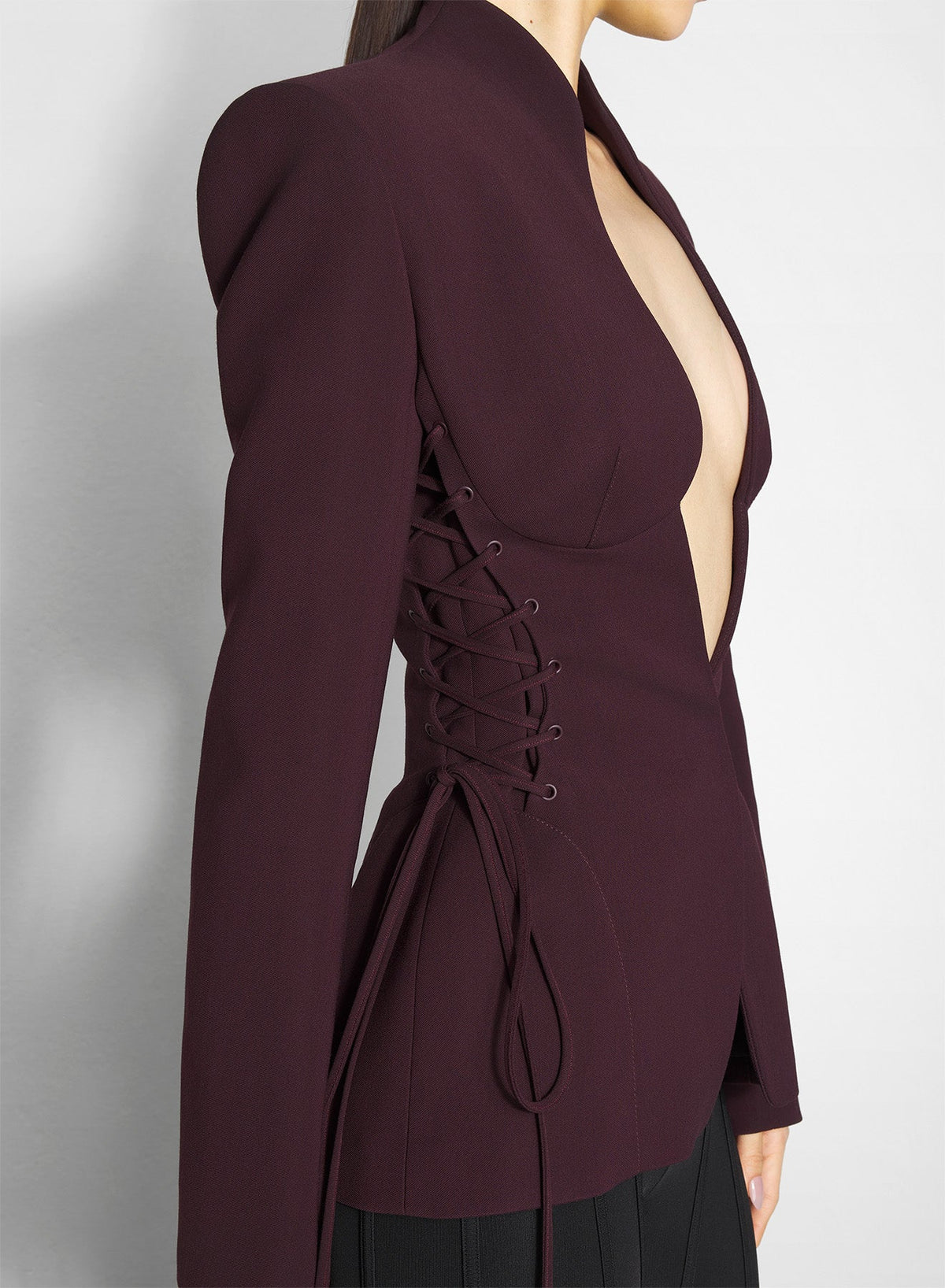 DARK PLUM // burgundy sculptural laced jacket
