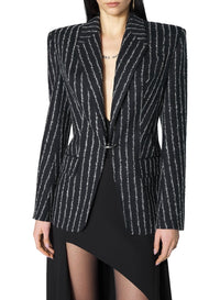 BLACK / WHITE // pinstripe pierced tailored jacket