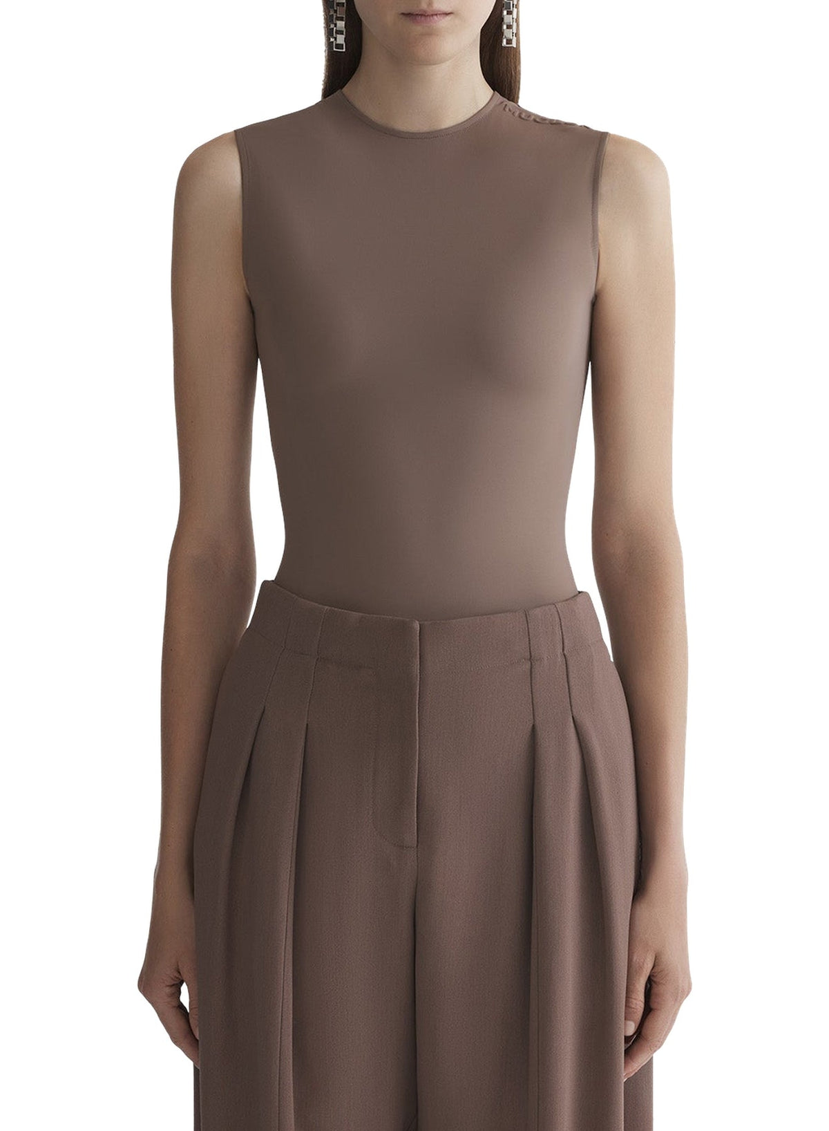 MOCHA // brown sleeveless shoulder logo bodysuit