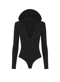 BLACK // black hooded v-neck bodysuit