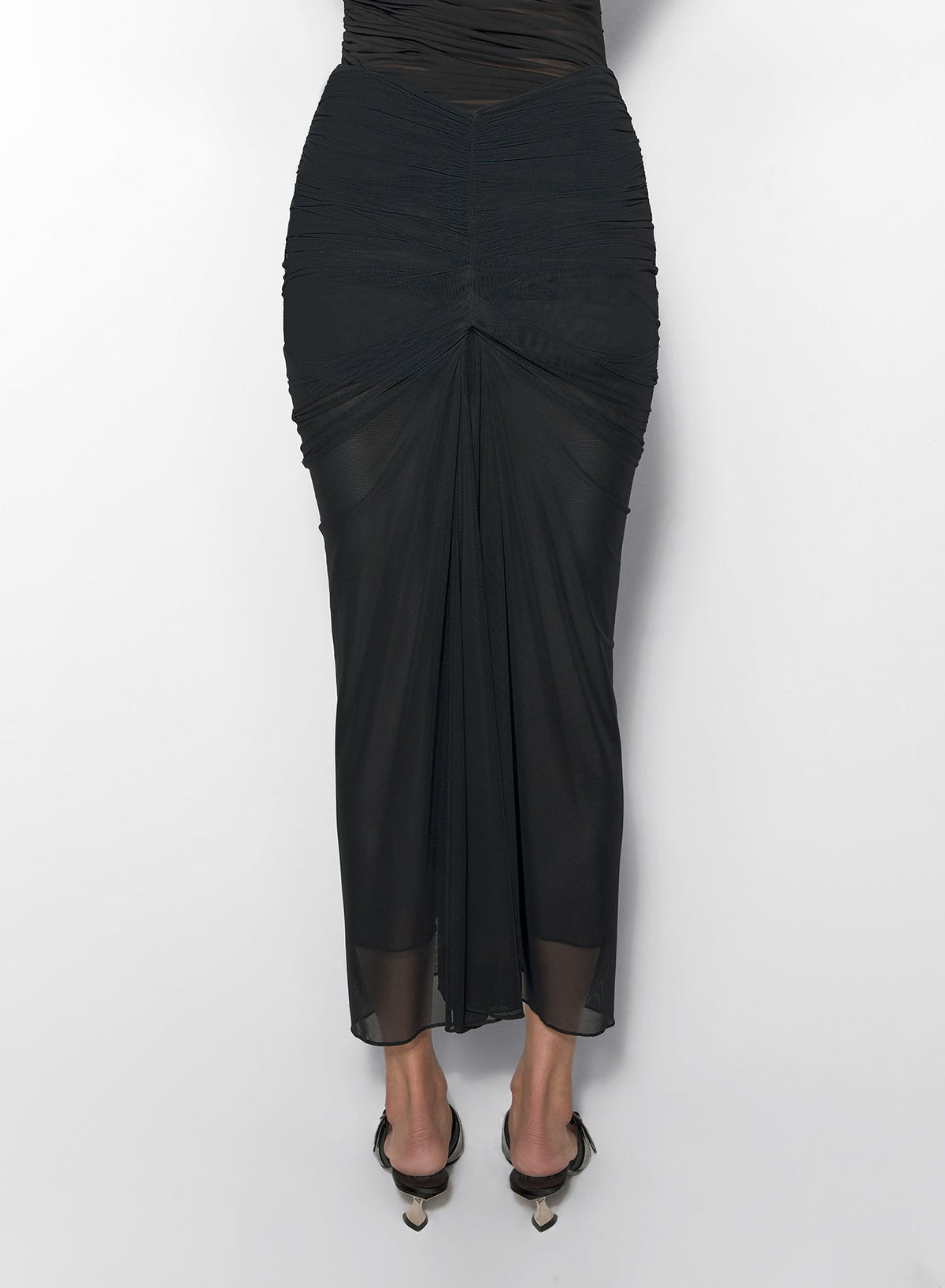 BLACK // black ruched mesh skirt