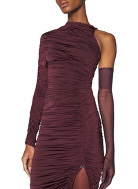 BURGUNDY // burgundy asymmetrical pierced ruched dress